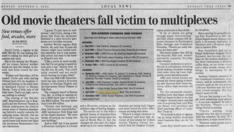 Movies at Oakland Mall - October 2000 Artilce On Theater Closings